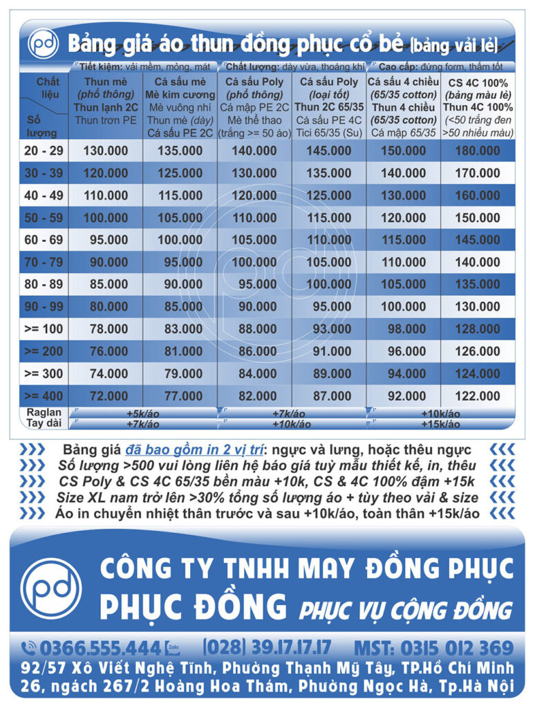 Bảng giá in áo phông đồng phục cổ bẻ Polo chuyên nghiệp tại Hà Nội-TP.HCM